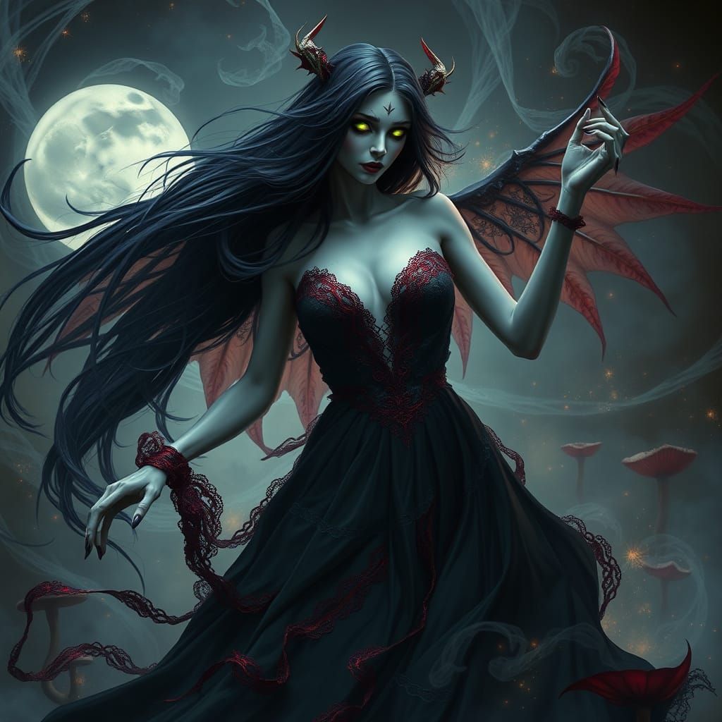 Ethereal Night Goddess in Crimson Silk