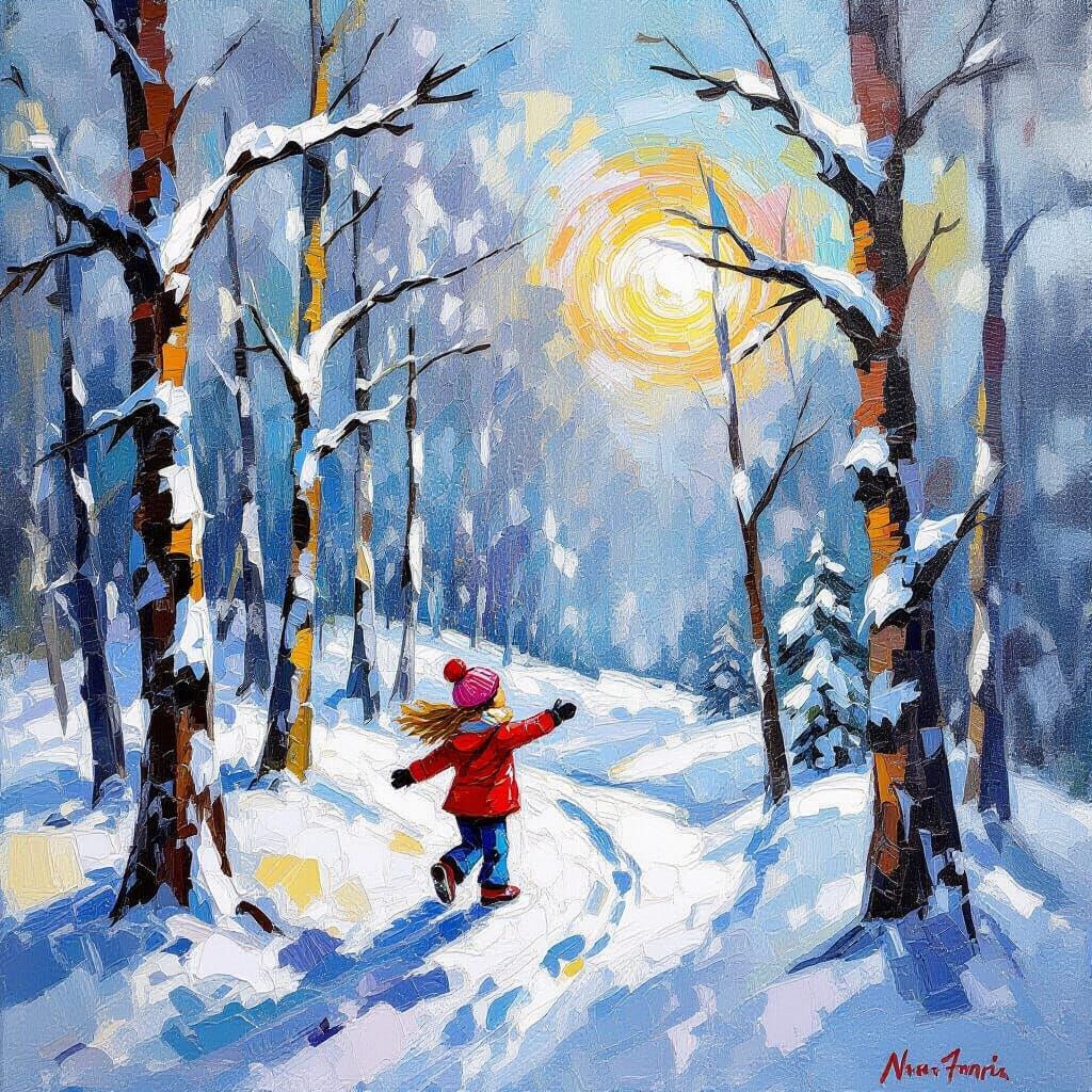 Child Playing in Snow-Covered Forest