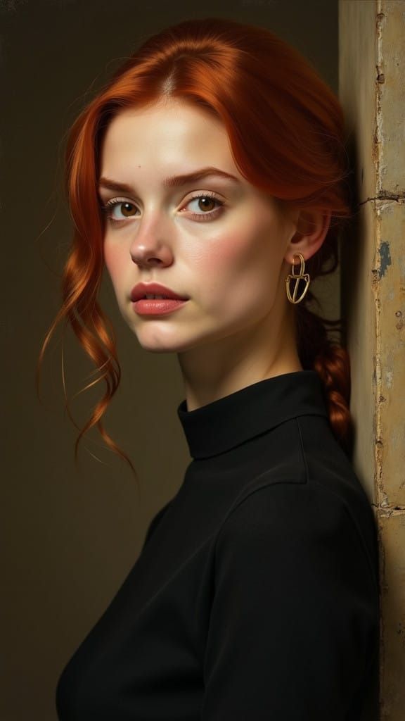 Portrait of a Woman with Fiery Red Hair and Brown Eyes in a...