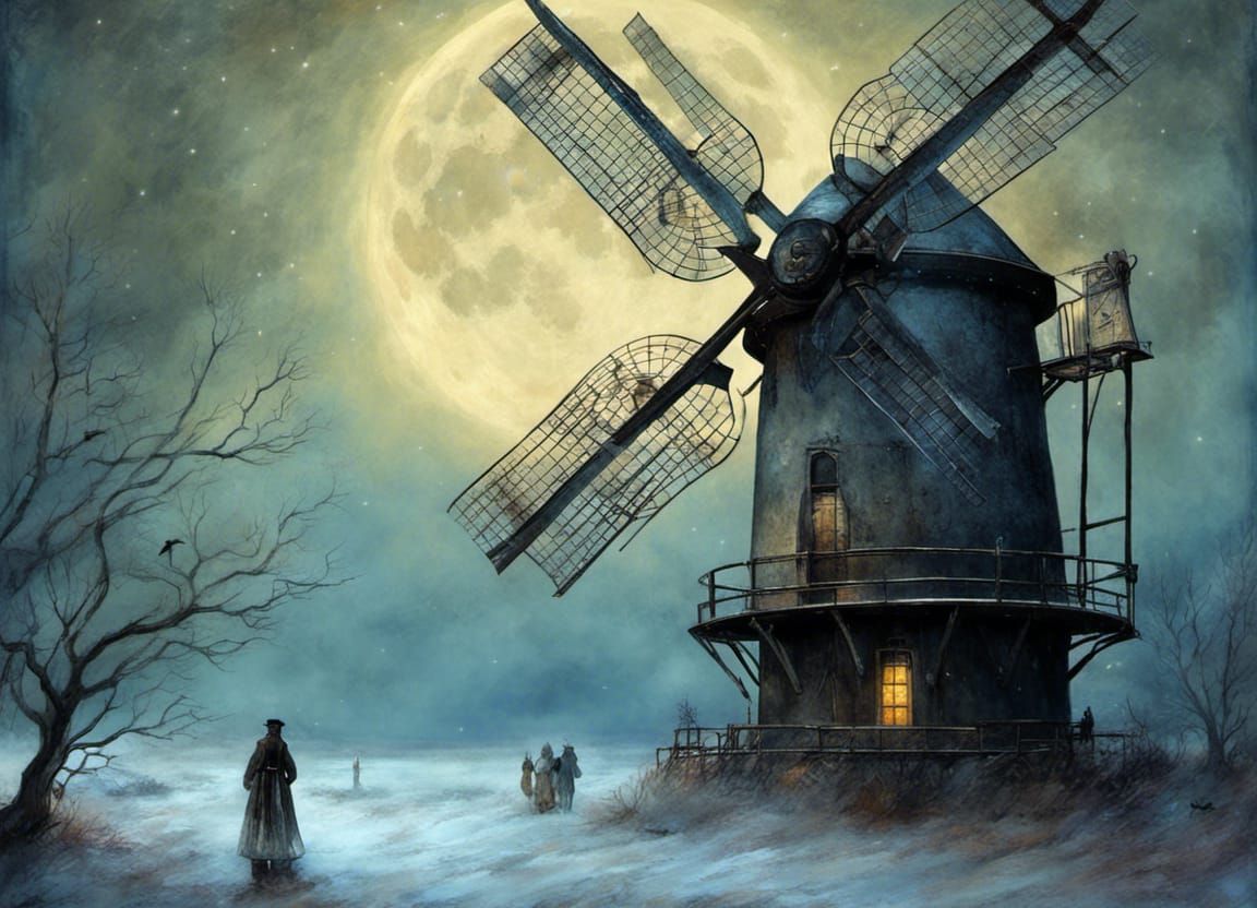 Moonlit Windmill with Bioluminescence in Digital Painting