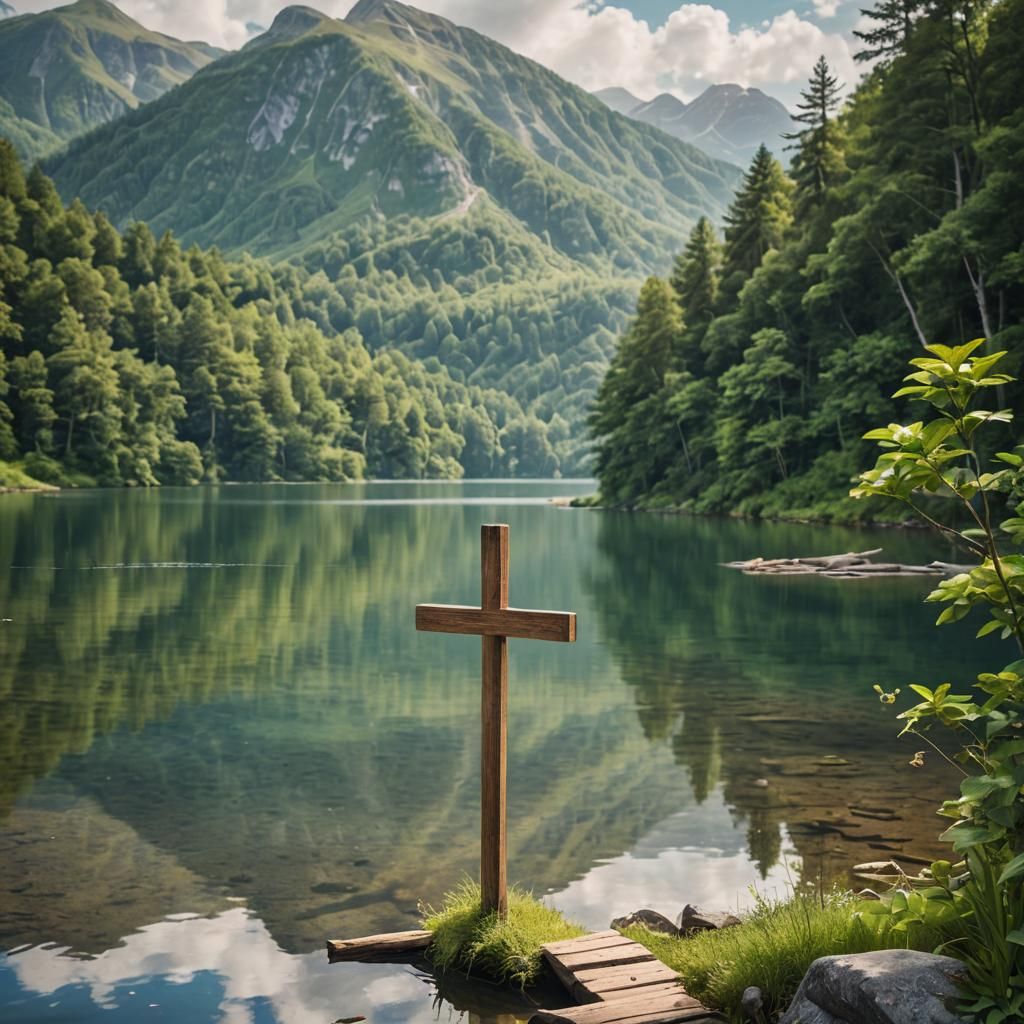 Serene Mountain Lake Landscape with Wooden Cross
