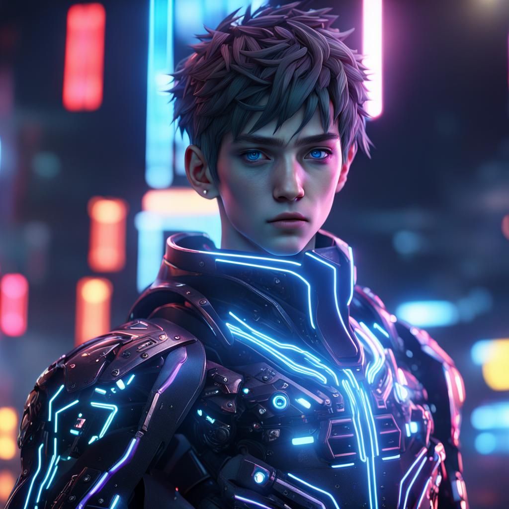 Handsome Cyber Boy in Anime Style with Neon Lights