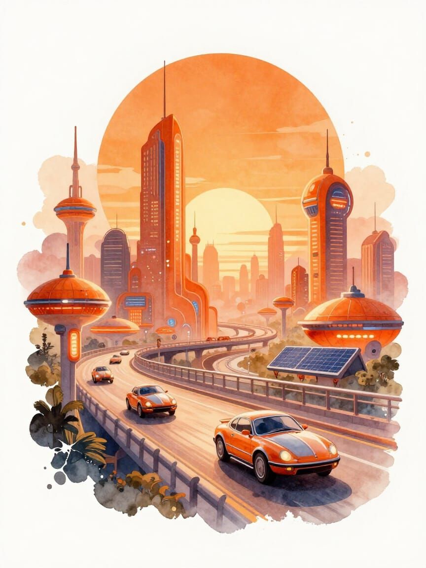 Retro-Futuristic Orange Cityscape at Sunset