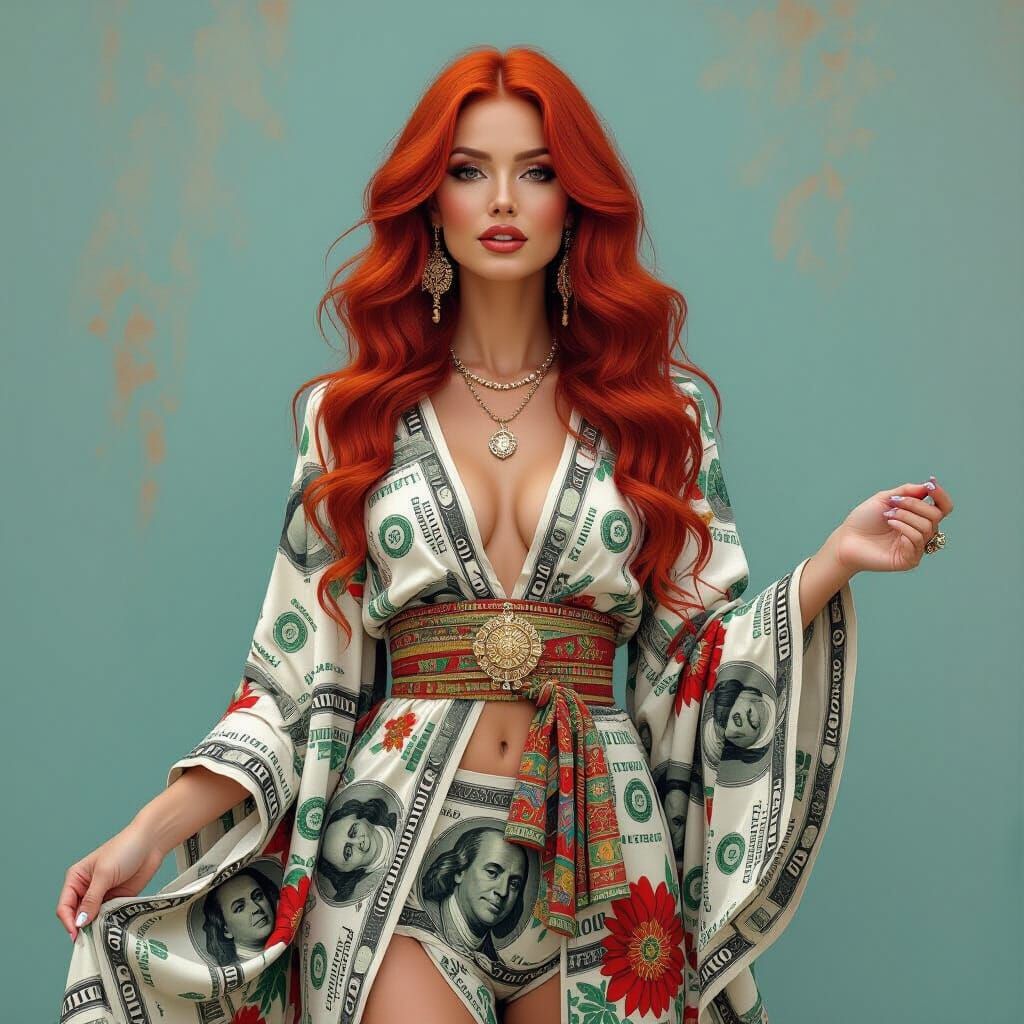 Boho Woman in Red Hair Wearing Money Print Fabric