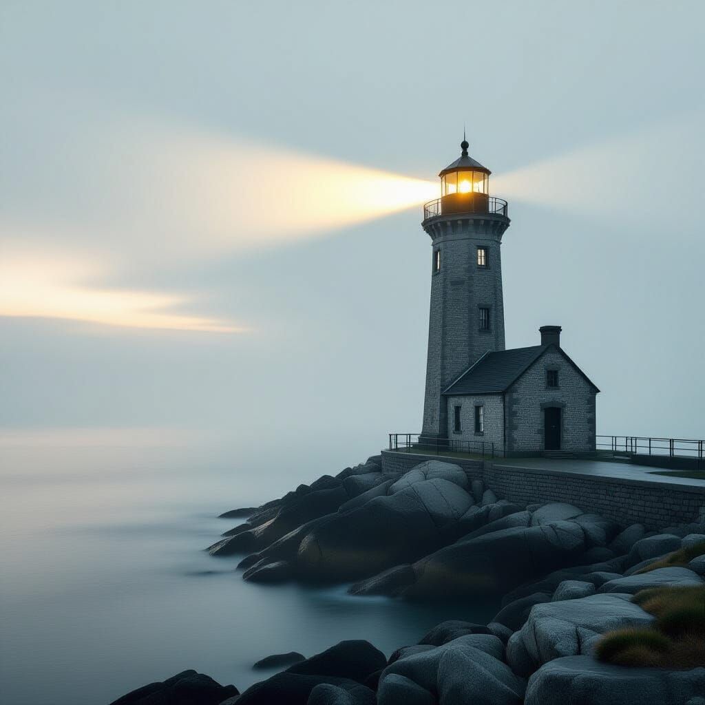 Weathered Lighthouse Beam Piercing Ethereal Fog in Vintage P...