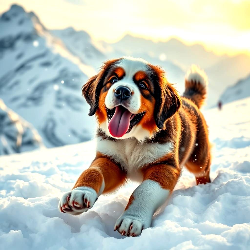 St. Bernard Puppy Plays in Snowy Mountain Landscape