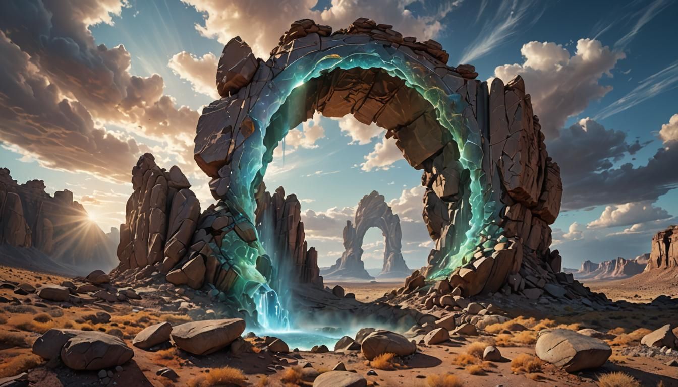 Iridescent Portal Opens in Rocky Surrealist Landscape