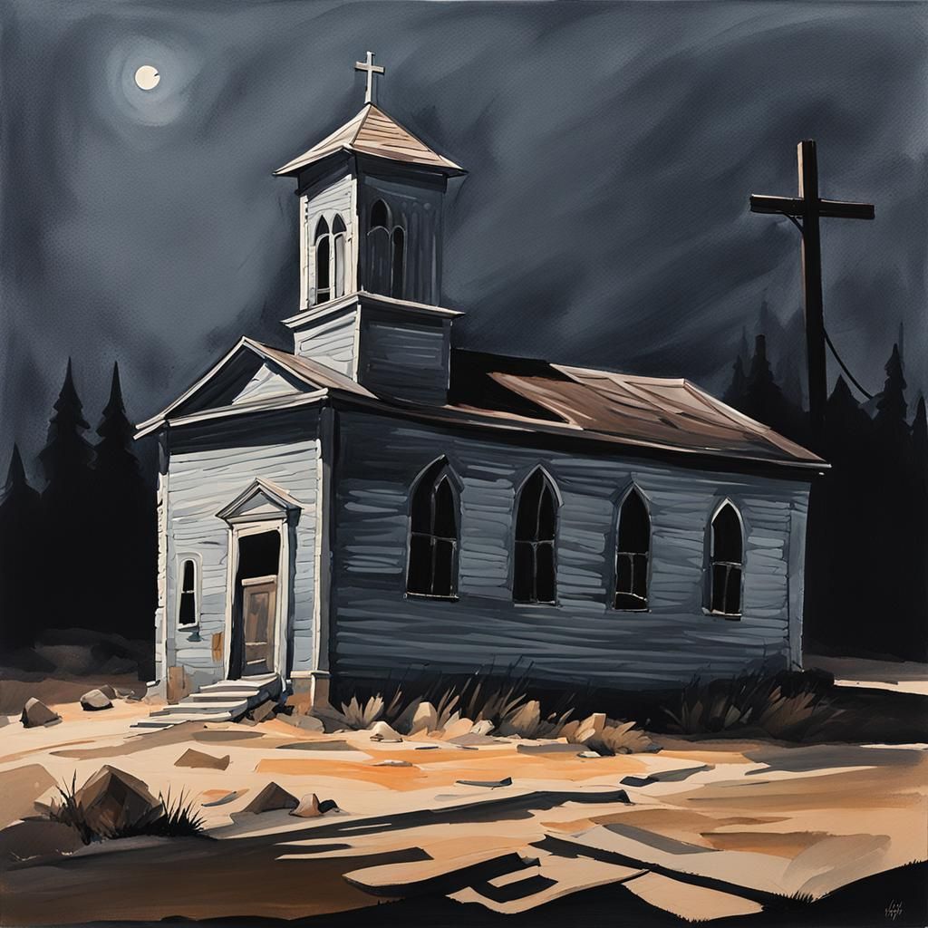 Abandoned Chapel Gouache Painting in Ghost Town