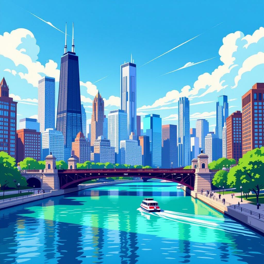 Vibrant Chicago Skyline Illustration Across River