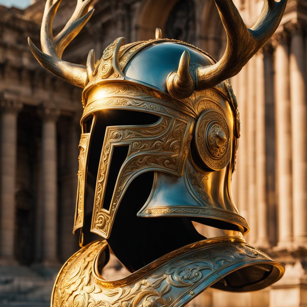 Golden Roman Helmet with Deer Antlers