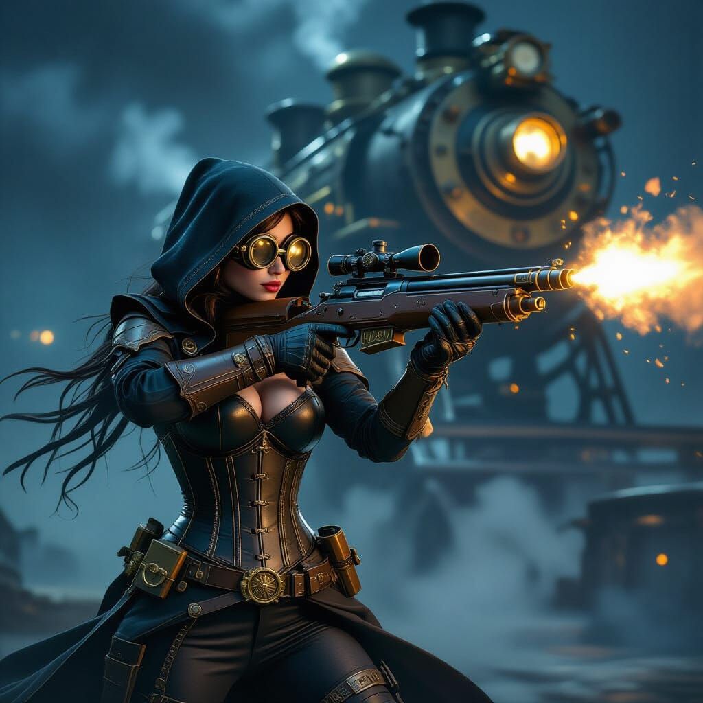 Steampunk Rogue Firing Steam Rifle at Night