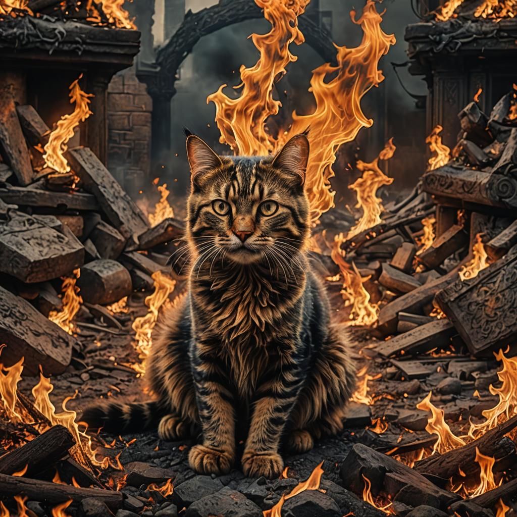Hyperrealistic Fire Cat Digital Matte Painting