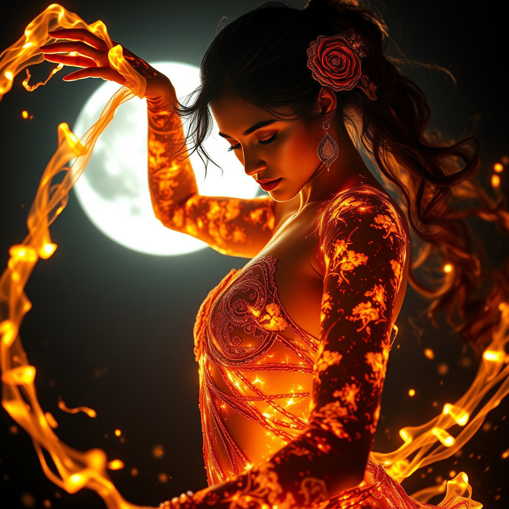 Fire Dancer Portrait in Moonlight, Hyperrealistic Detail