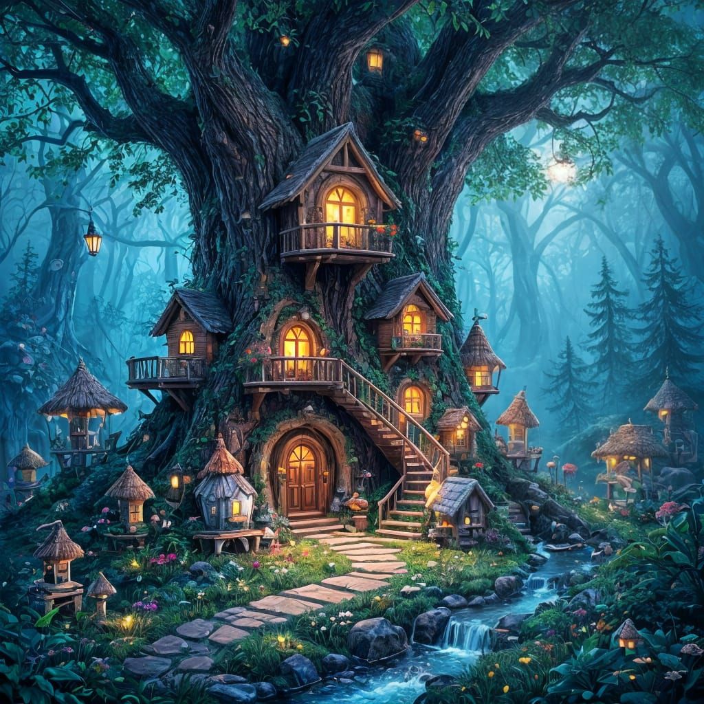 Enchanted Gnome Village in Bioluminescent Forest