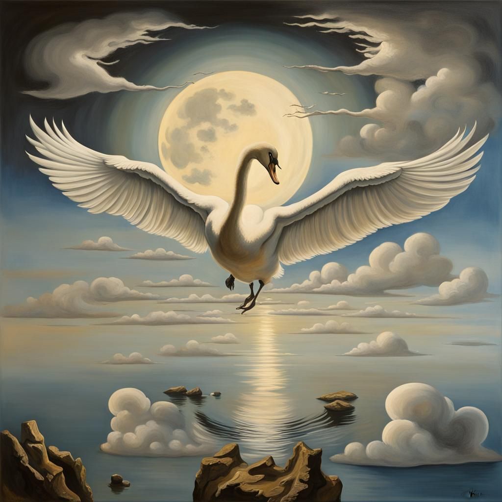 Surreal Swan on Cloud with Moon, Dali Style