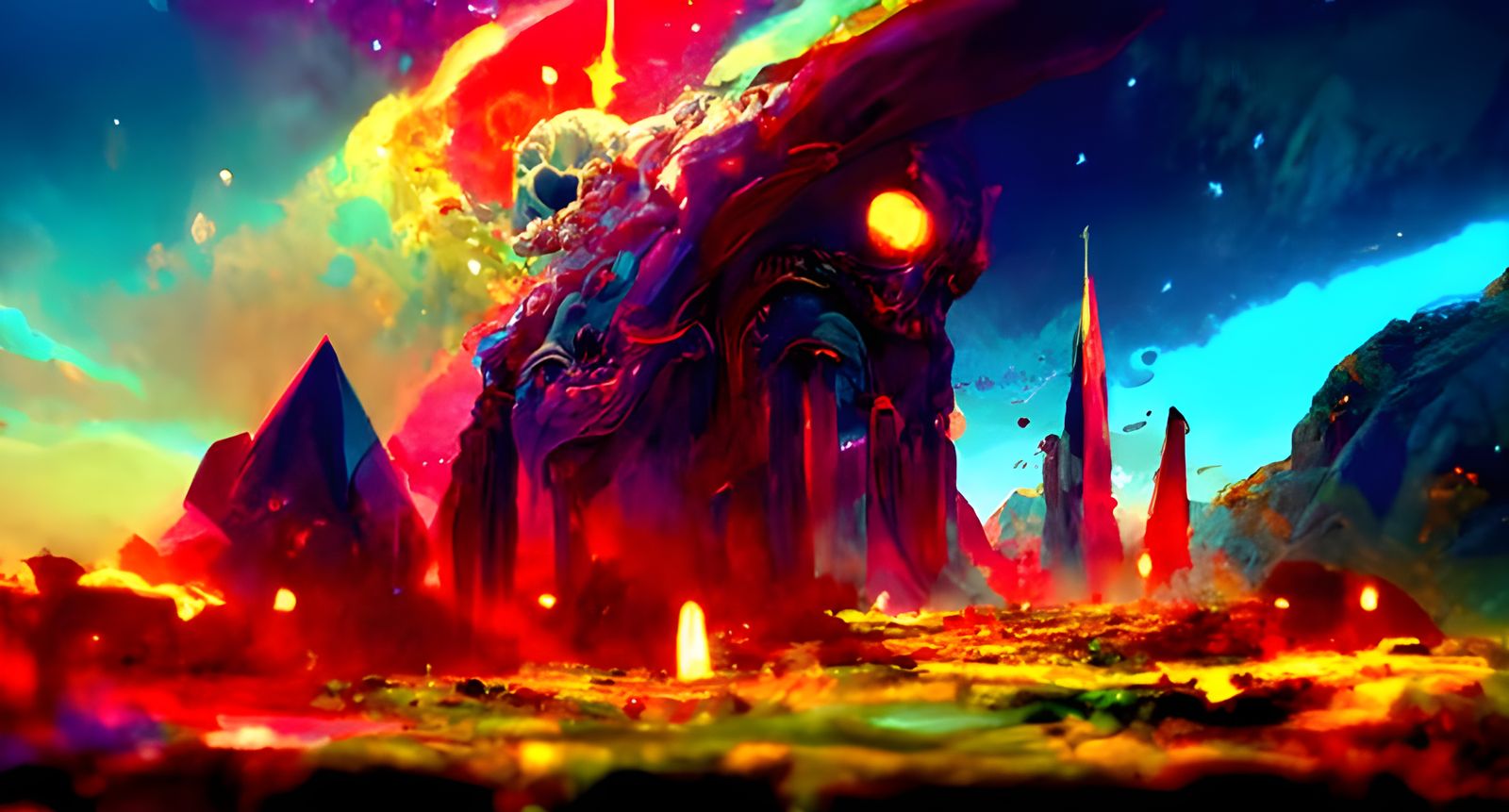 Vibrant Cosmic Space Castle in Digital Mixed Media