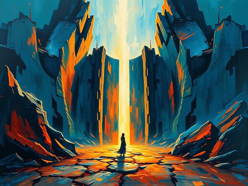 Ancient Gate Opening: Impasto Painting in Goldenpunk Style