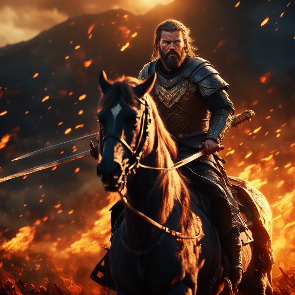 Fierce Warrior on Horseback in Battle, Digital Art