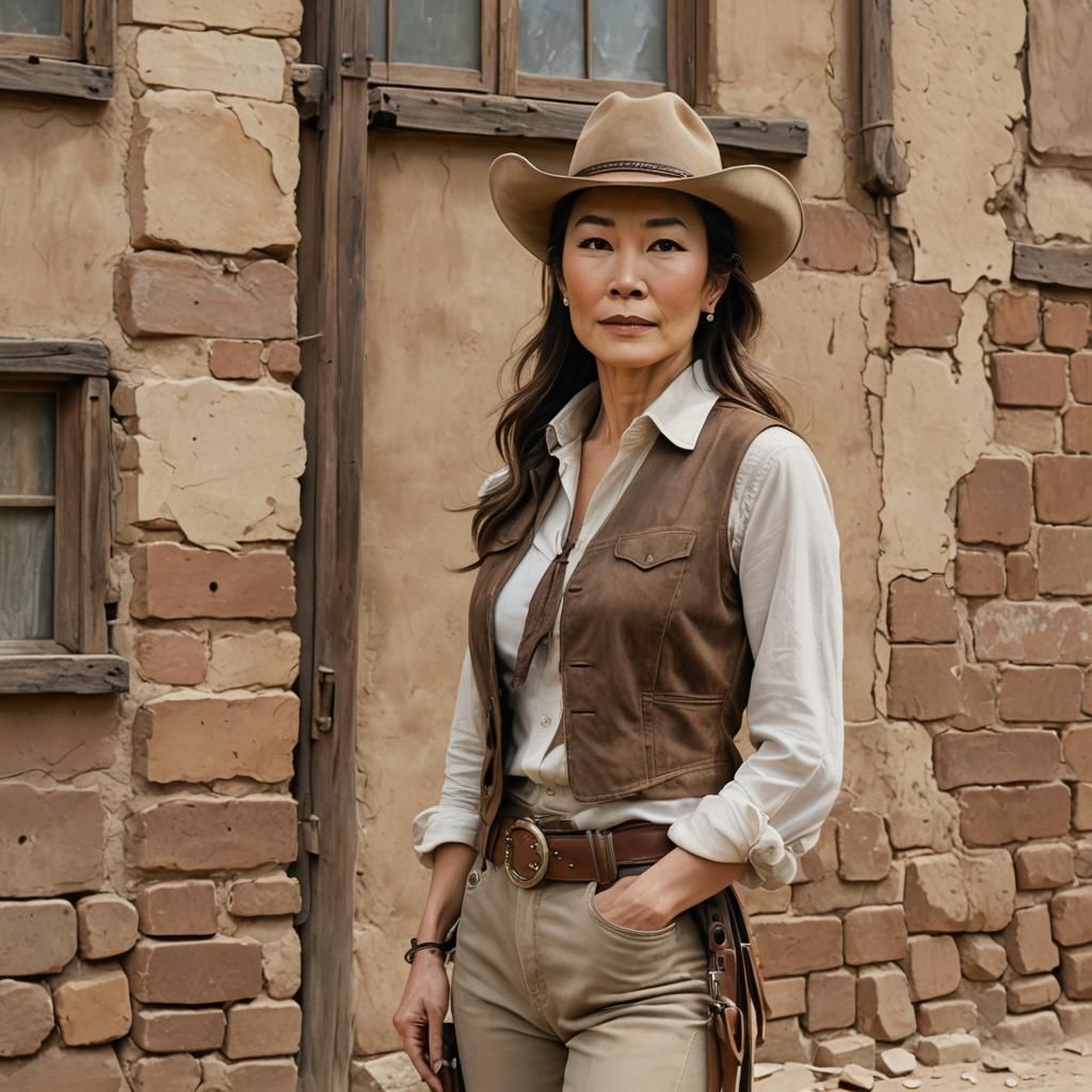 Michelle Yeoh in Cowboy Outfit, Photorealistic Pastel Portra...