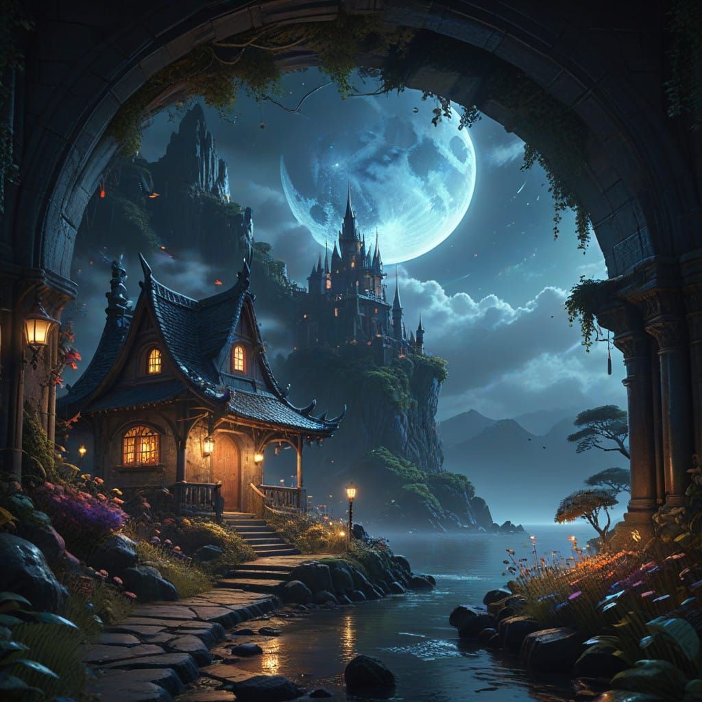 Whimsical Fantasy Scene in Ethereal Moonlight