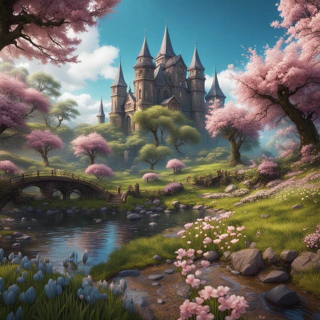 Detailed Spring Scene in Fantasy Matte Painting