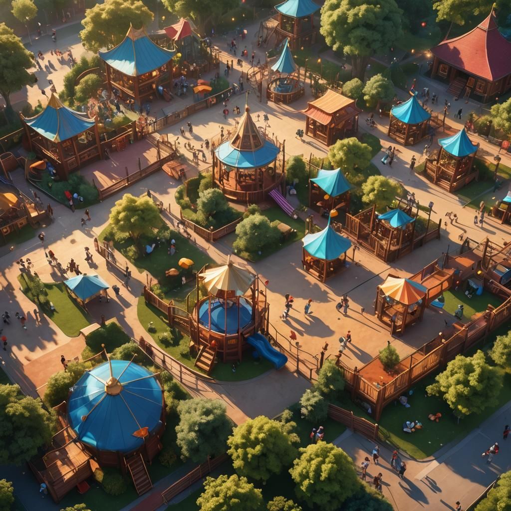 Lush Playground Scene with Golden Light, Digital Art