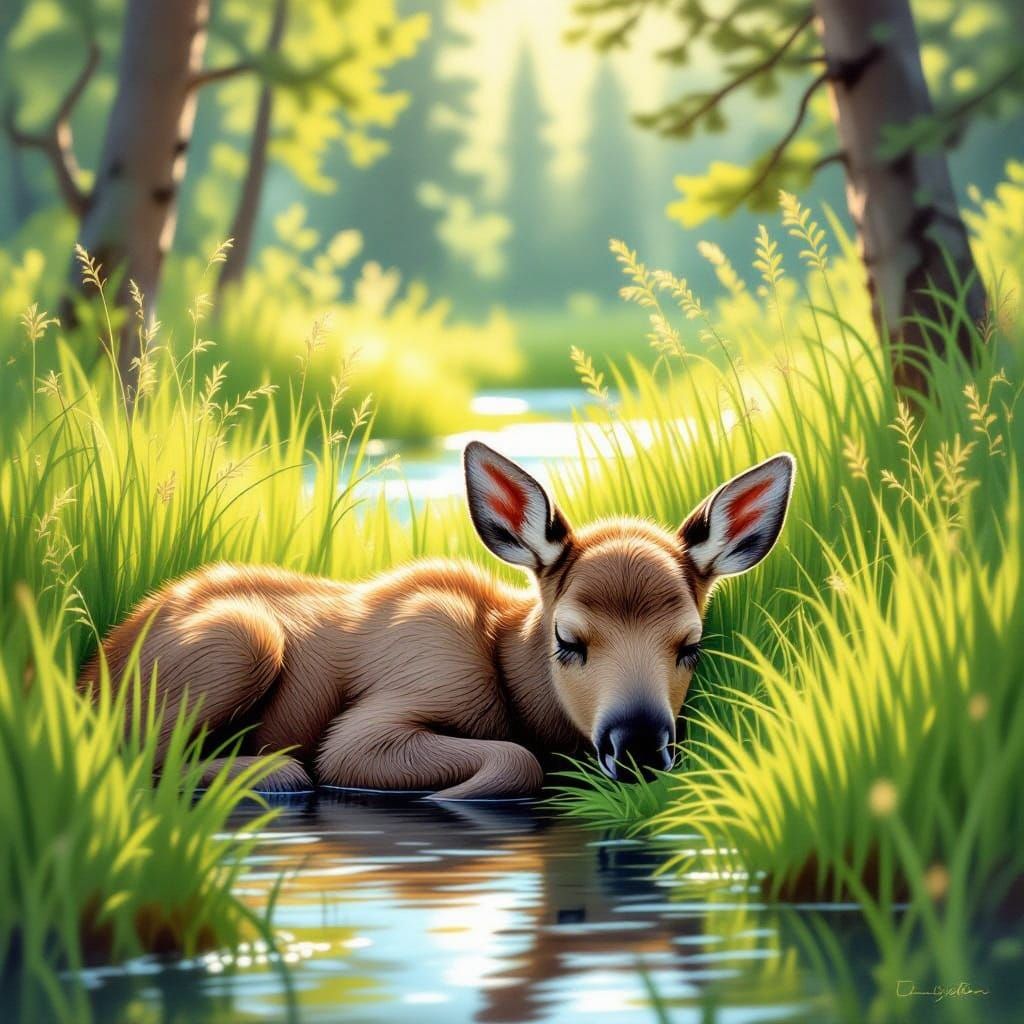 Sleepy Moose in Sunny Forest Landscape