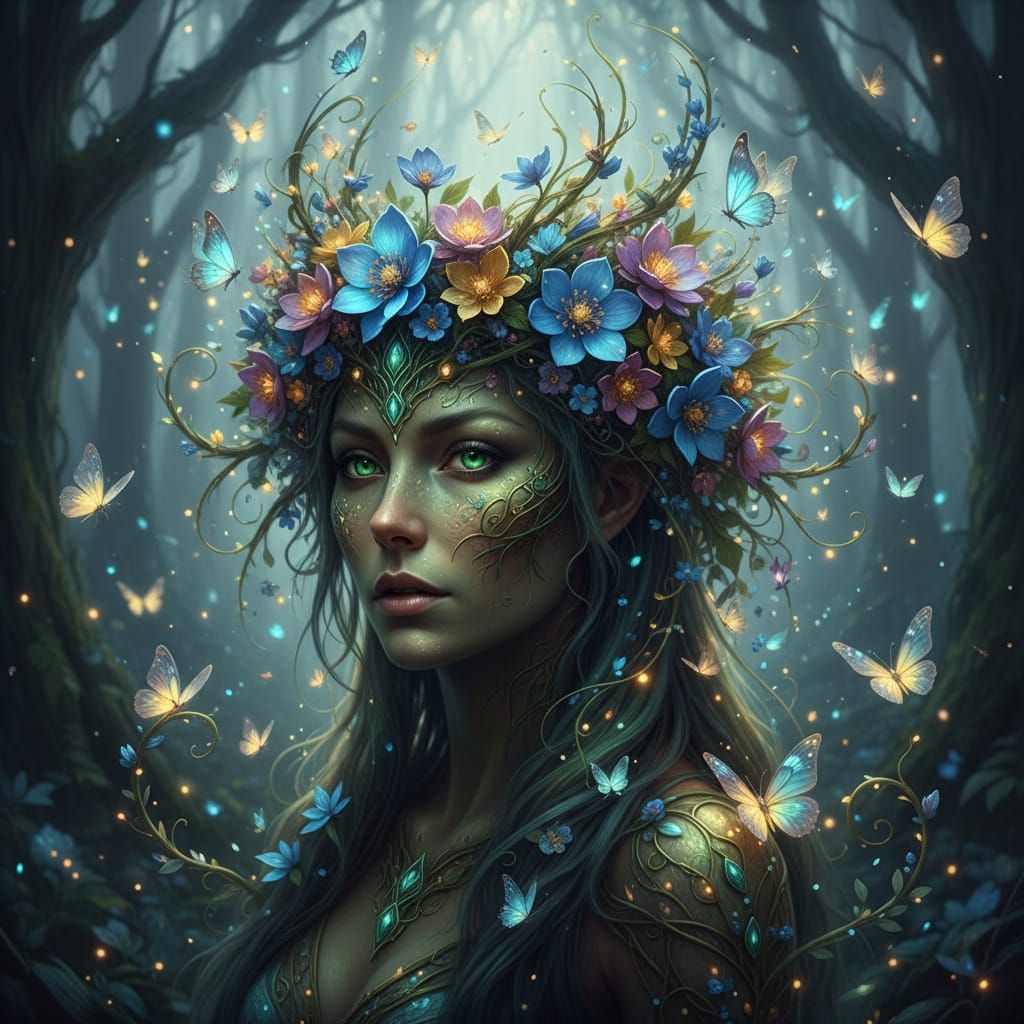 Ethereal Forest Spirit Crown with Blooming Flowers and Butte...