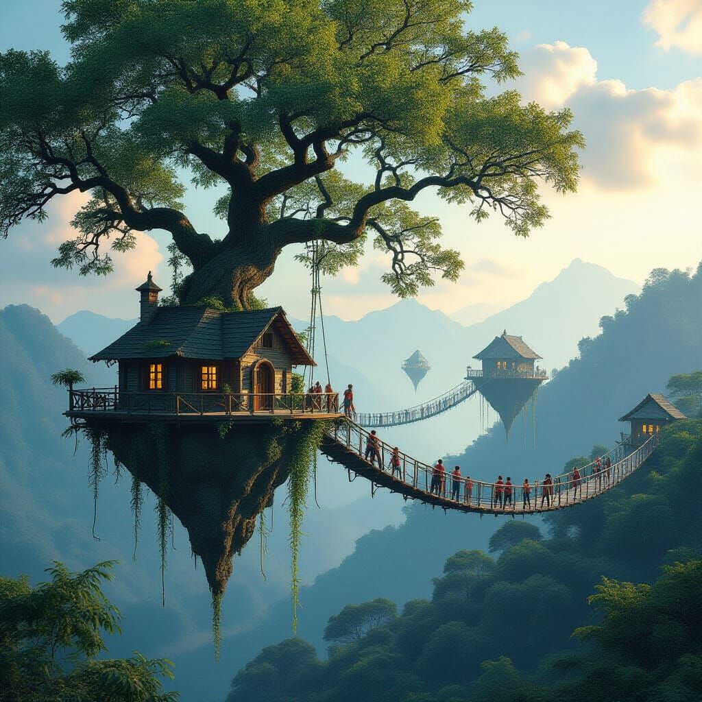 Floating Islands Connected by Bridges on Tree Branches