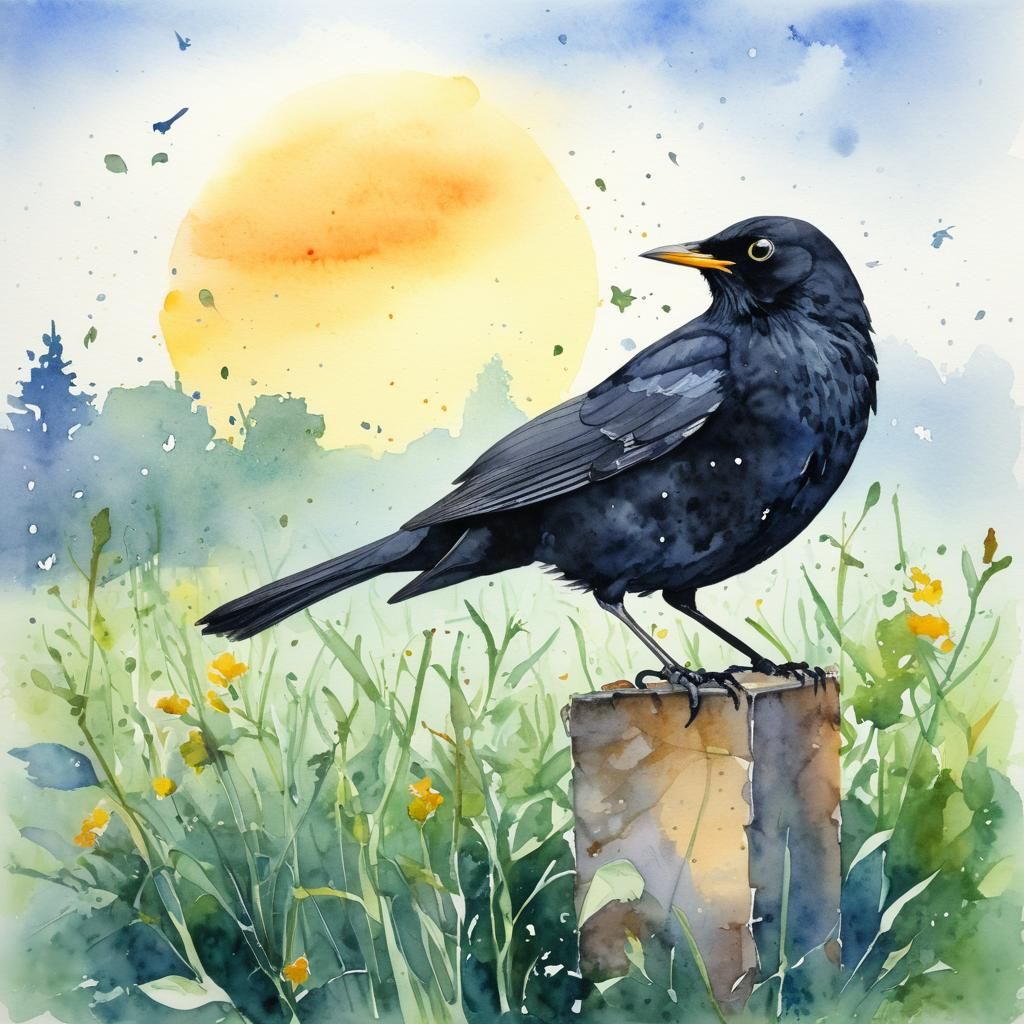 Blackbird Sings at Dawn: A Watercolor Painting