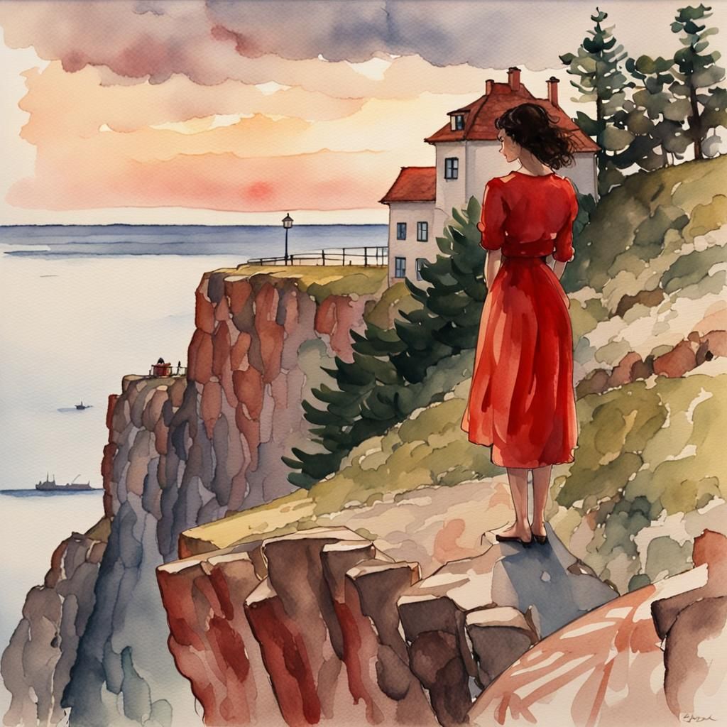 Woman Overlooking Coastal Cafe in Watercolor Painting
