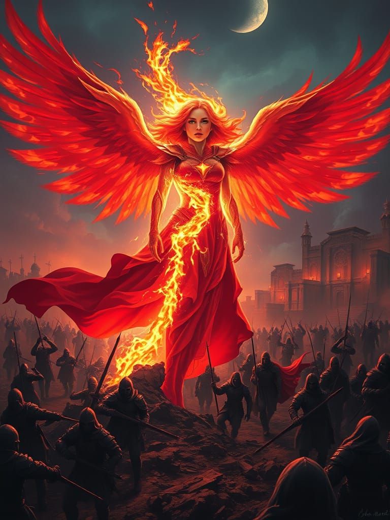 Fiery Phoenix Woman on Battlefield in Sci-Fi Style
