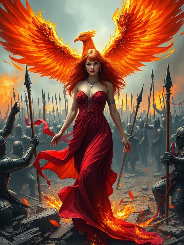 Fiery Phoenix Woman Rising on Battlefield