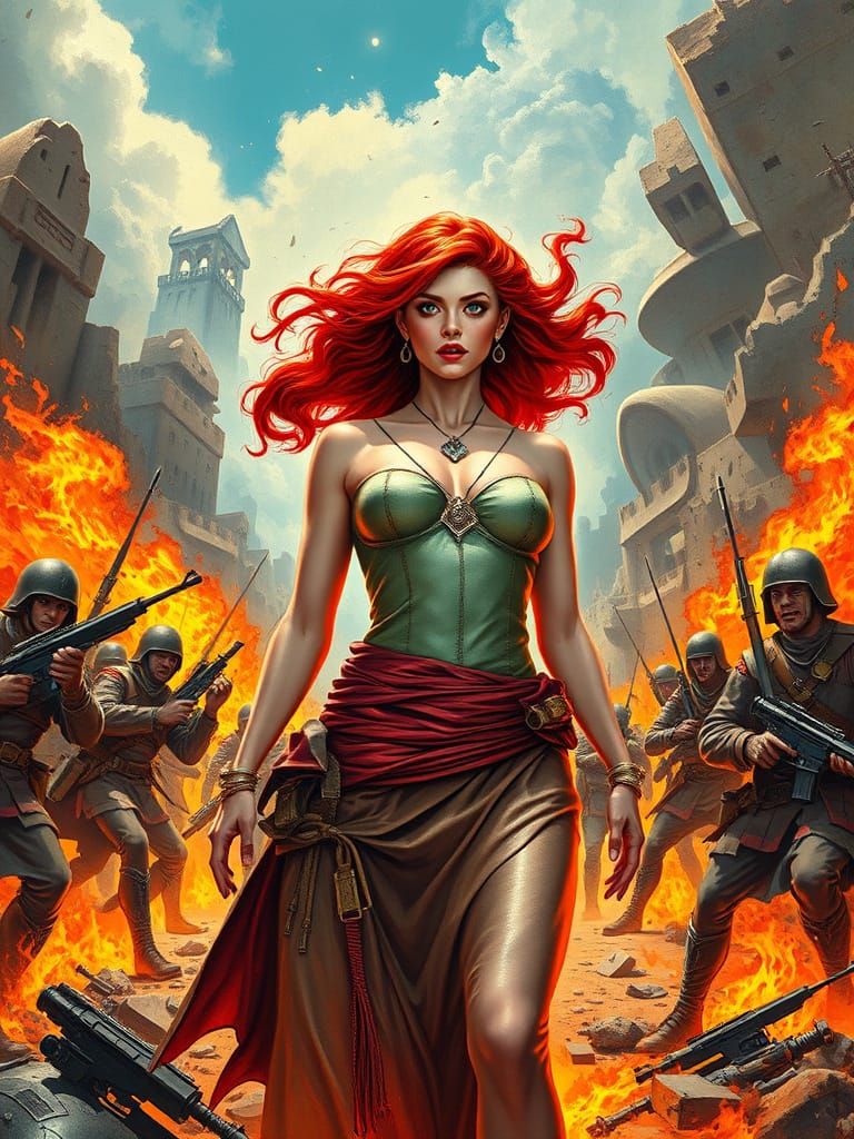 Fiery Woman on Battlefield in Retro Sci-Fi Style