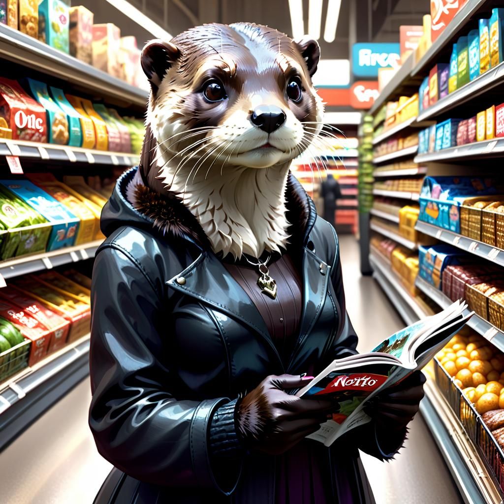 Goth Otter Reads Magazine in Supermarket