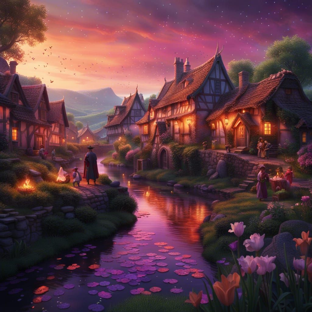 Medieval Village at Dusk: Digital Matte Painting