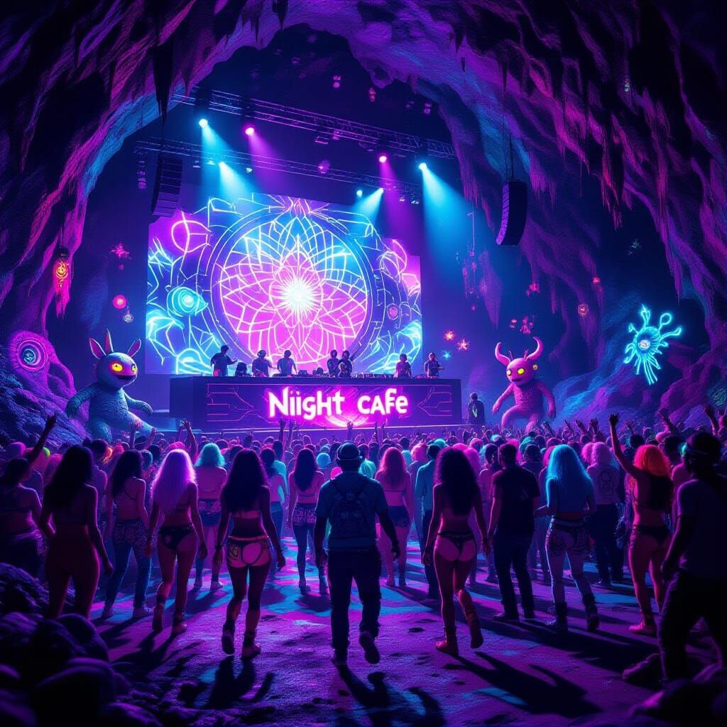 Psychedelic Cave Rave with Neon Lights in Cyberpunk Style