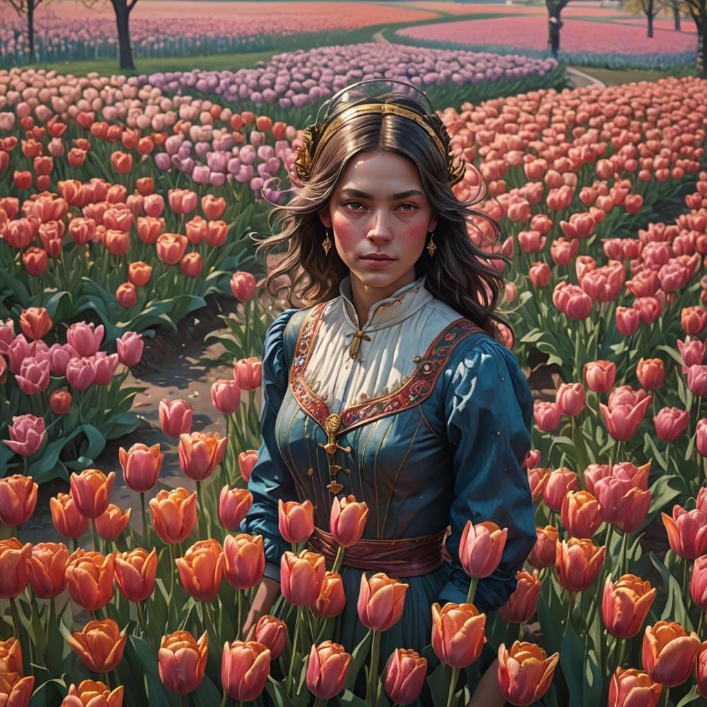 Amsterdam Tulip Fields: Hyperdetailed Splash Art Portrait
