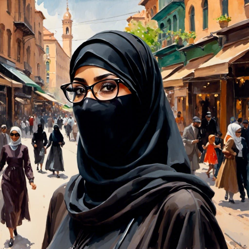 Joyful Niqabi Woman Portrait in Oil Gouache Style