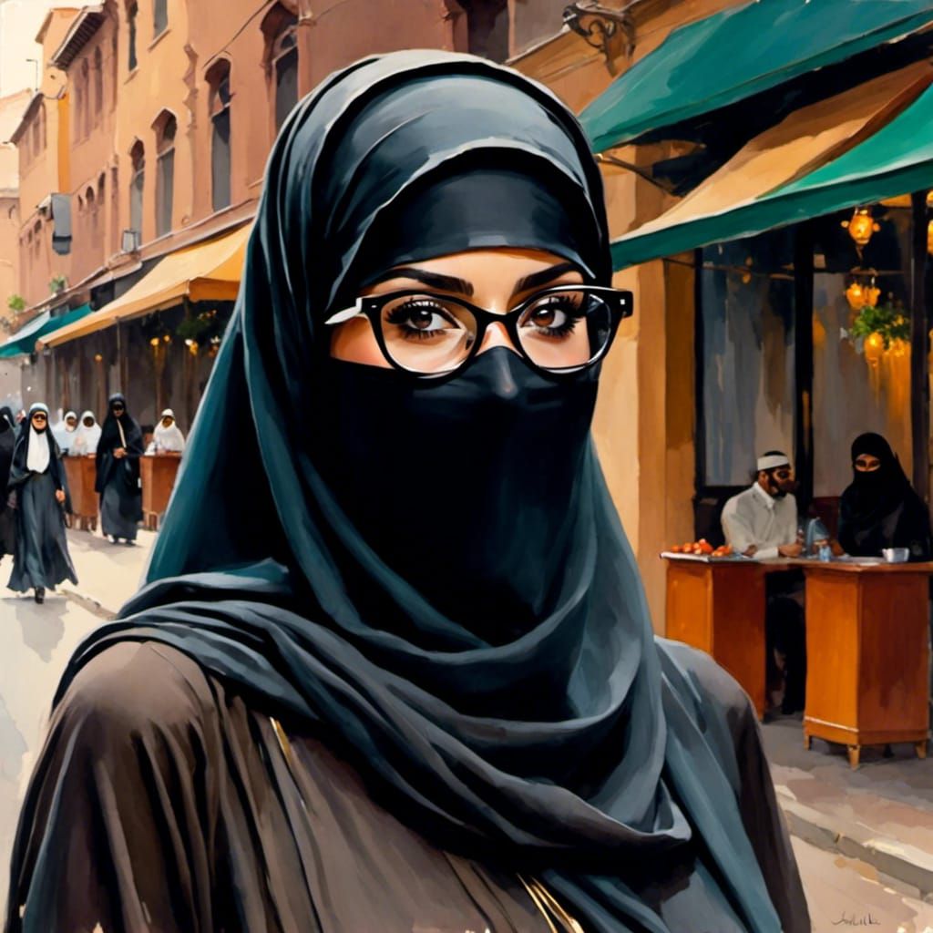 Beautiful Niqabi Woman Portrait in Oil Gouache Style