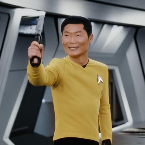 Star Trek.  George Takei as Sulu, wearing a yellow shirt, bl...
