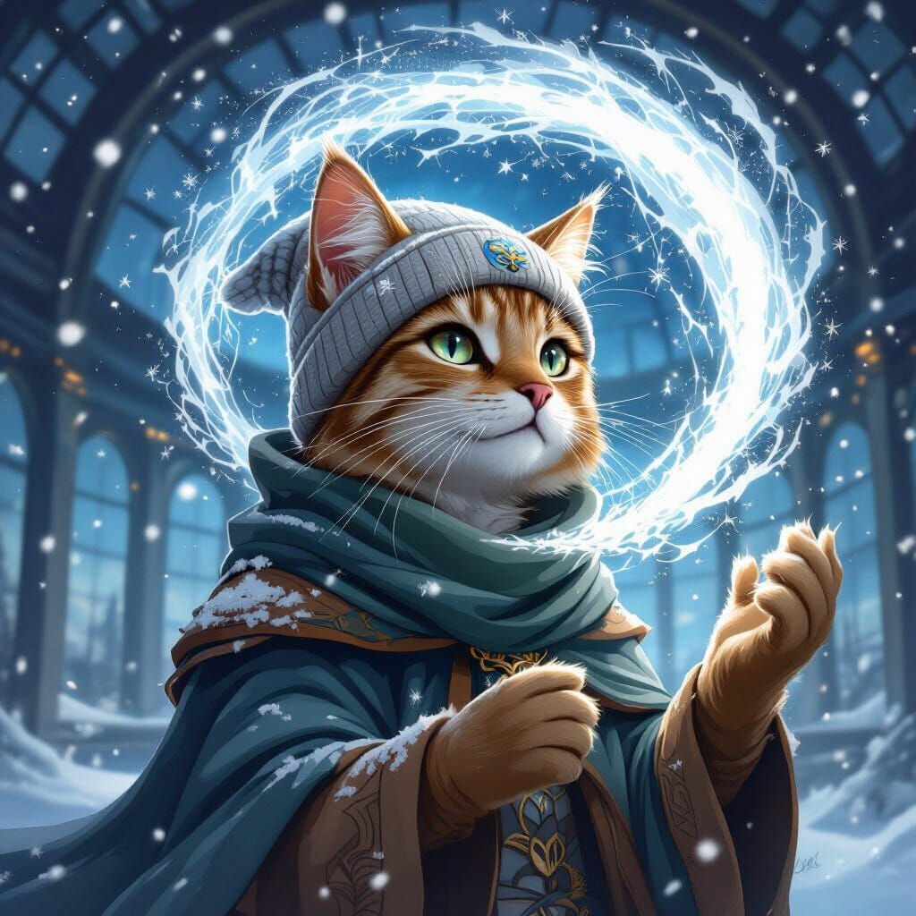 Feline Mage Conjures Snowfall in Art Nouveau Observatory