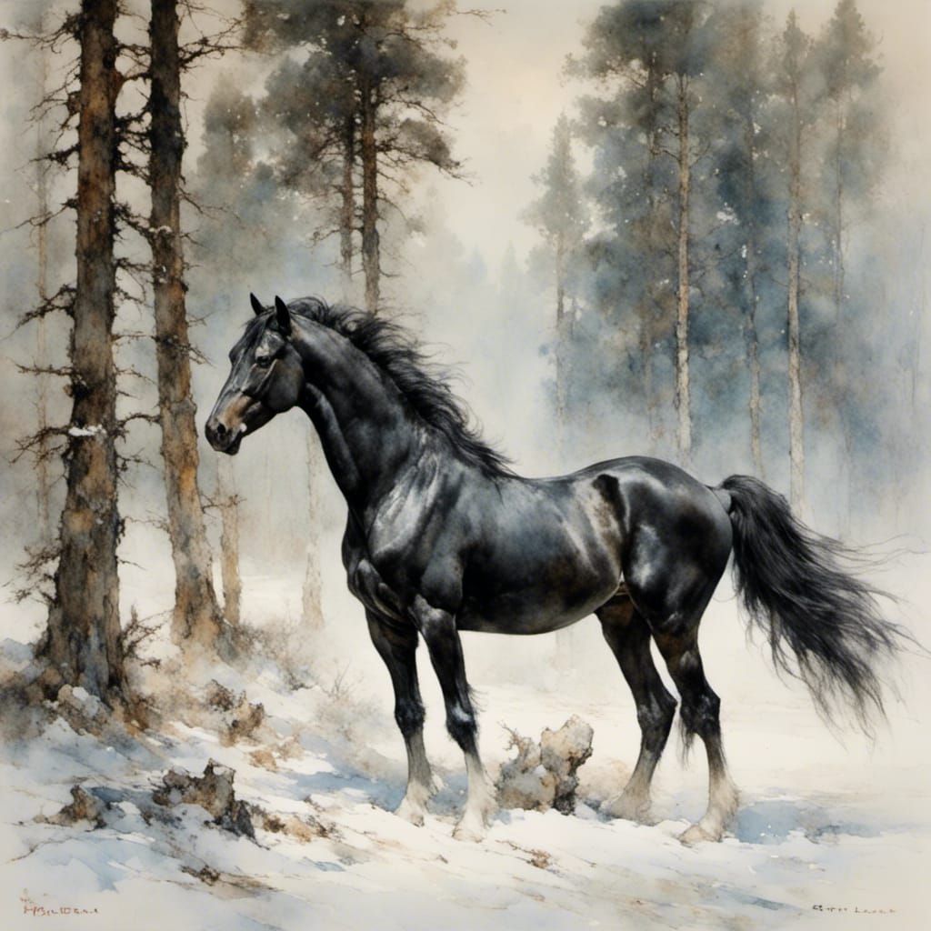 Magnificent Black Wild Horse in Winter Snow