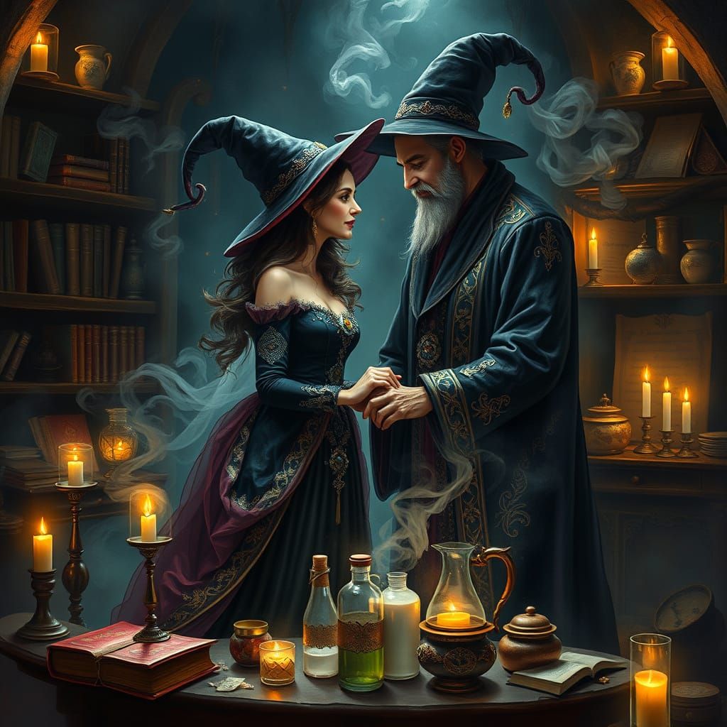 Romantic Wizard and Witch in Enchanted Potion Chamber