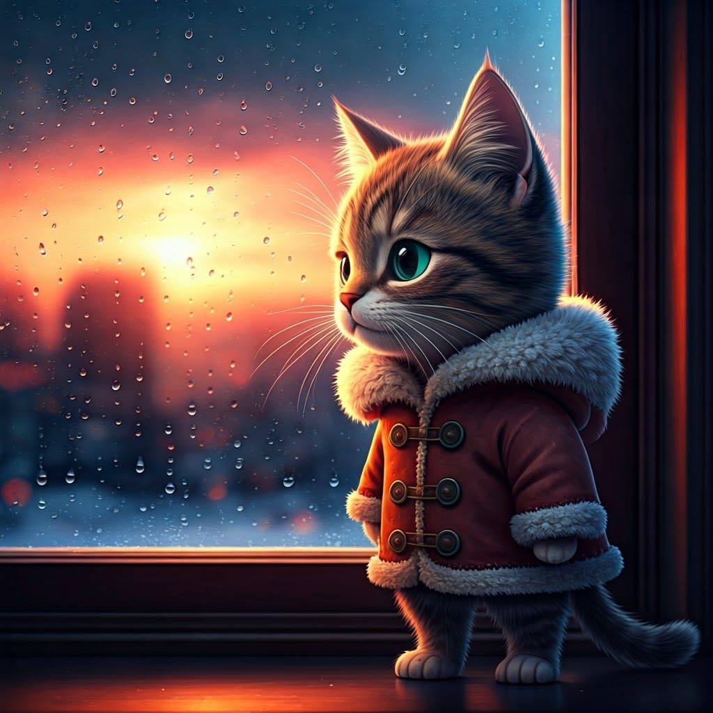 Cozy Cat Gazing at Rainy Sunset