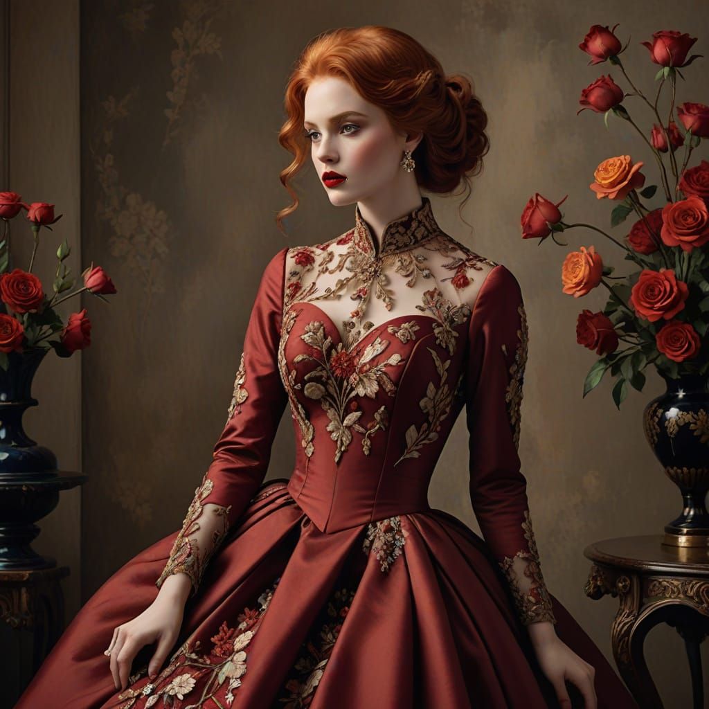 Elegant Woman in Crimson Gown with Floral Embroidery