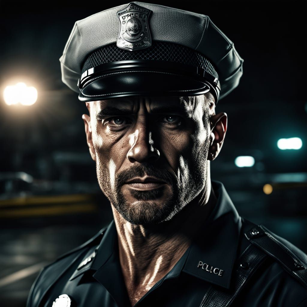 Gritty, High-Contrast Portrait of a Young, Muscular Male Cop