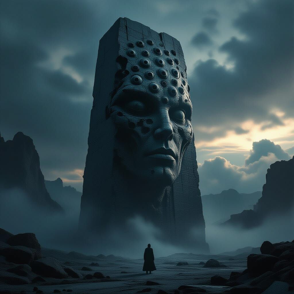 Brutalist Alien Monolith in Dark, Atmospheric Landscape