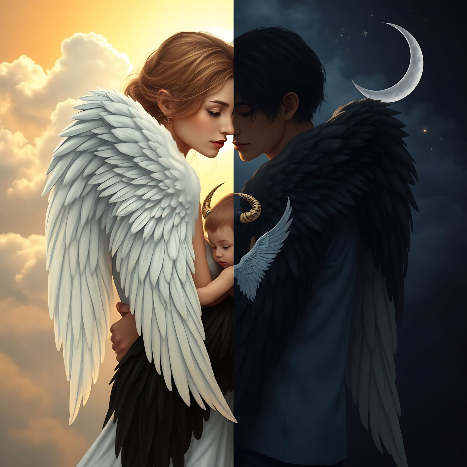 Angel Couple Embracing with a Horned Child in Heaven