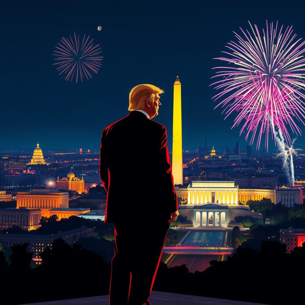 Washington D. C. skyline at midnight, with fireworks eruptin...